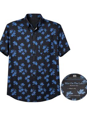 TravisMathew Mist On The Lake Floral Tech Woven Button Up Shirt Mens XL Black